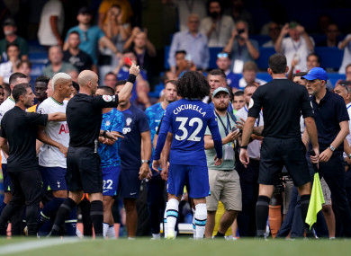 Chelsea manager Thomas Tuchel is sent off by referee Anthony Taylor.