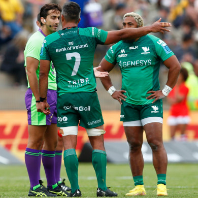 Referee Gianluca Gnecchi talking to Jarrad Butler and (right) Bundee Aki.