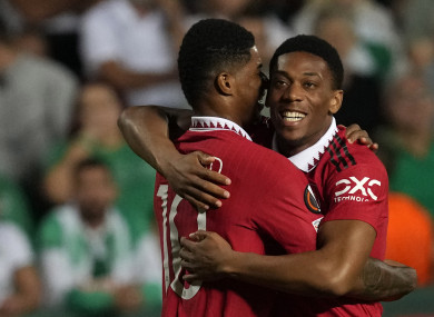 Manchester United's Anthony Martial, right, celebrates after scoring his side's second goal with his teammate Marcus Rashford.