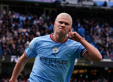 Manchester City's Erling Haaland celebrates scoring.