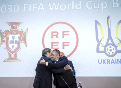 Portuguese Soccer Federation president Fernando Gomes, left, president of the Spanish Royal Federation of Soccer, Luis Rubiales, right, Ukrainian Football Federation president Andriy Pavelko, centre