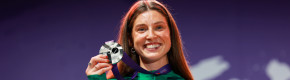 Kate O'Connor celebrates after receiving her silver medal at World Athletics Championships