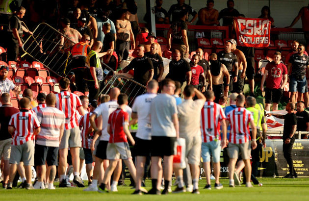 PSNI officer hospitalised as crowd trouble causes delay to Derry City's Europa League fixture